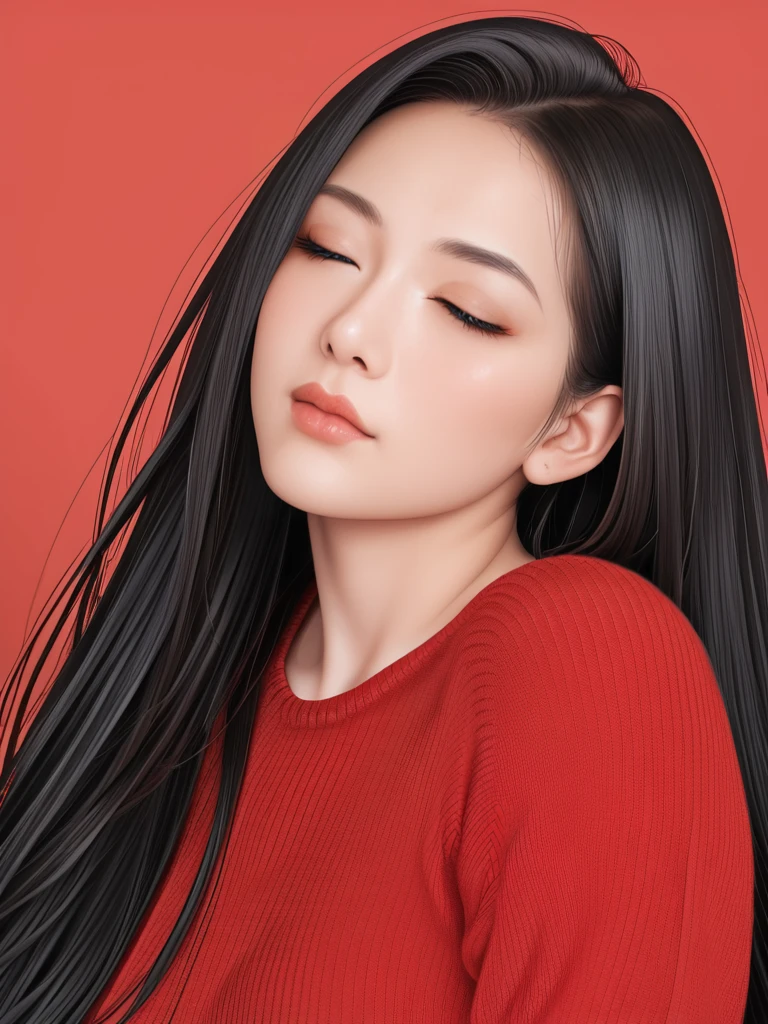 ,score_9,score_8_superior,score_7_superior, 20-year-old, 8k, High resolution, beautiful girl, Black Hair, Very long hair, Straight hair, Mouth closed,
One girl, Detailed face, Beautiful woman face, sweater, Red background, View your viewers,