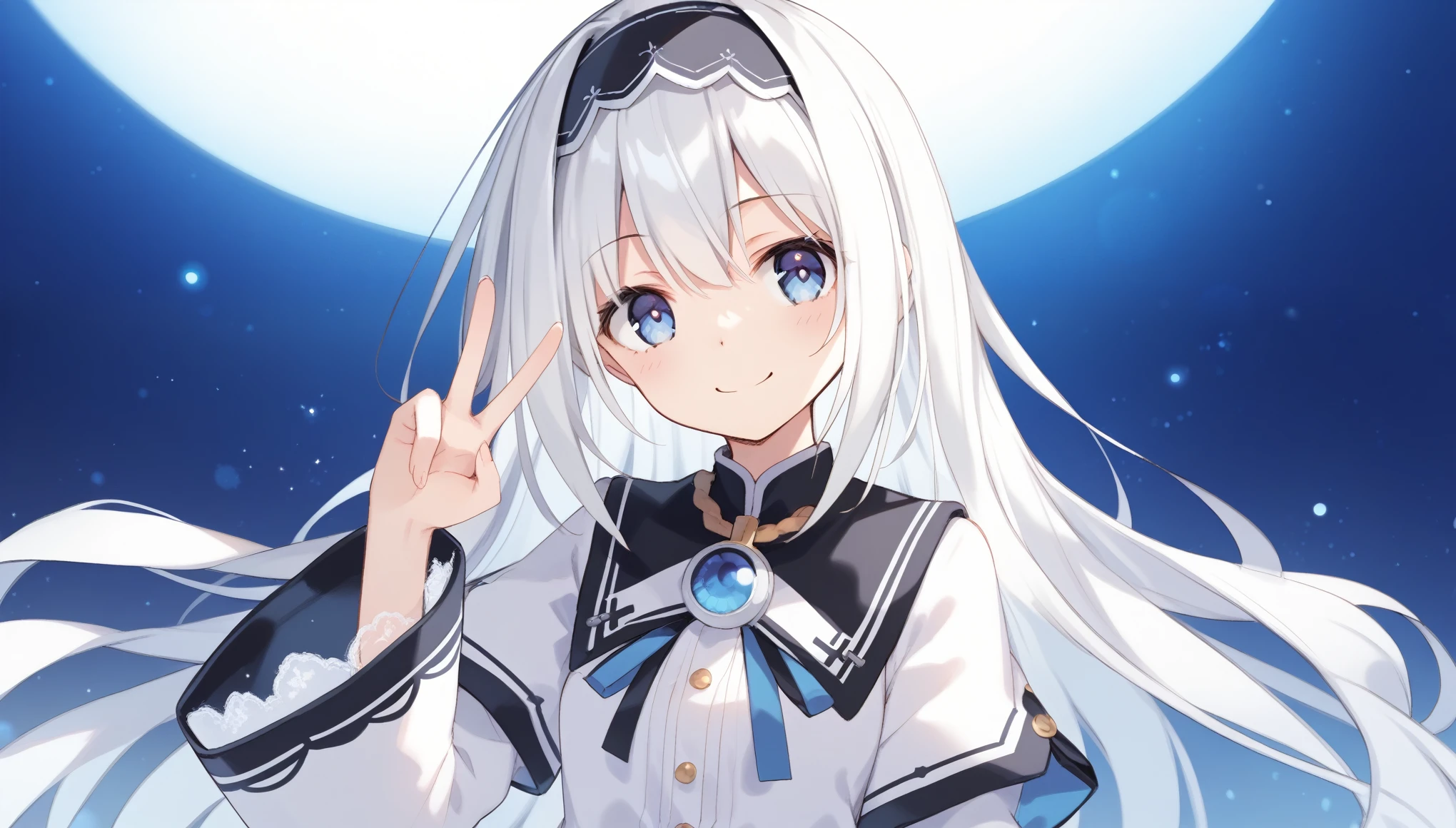 score_9, score_8_up, score_7_up, arusu maria,1girl, solo, long hair, blue eyes, white hair,hair between eyes,white dress,white thighhighs, long sleeves, wide sleeves,black hairband,Face, close-up, upper body, peace pose, smiling, sit, rised hand, night background, camera man Point of View,