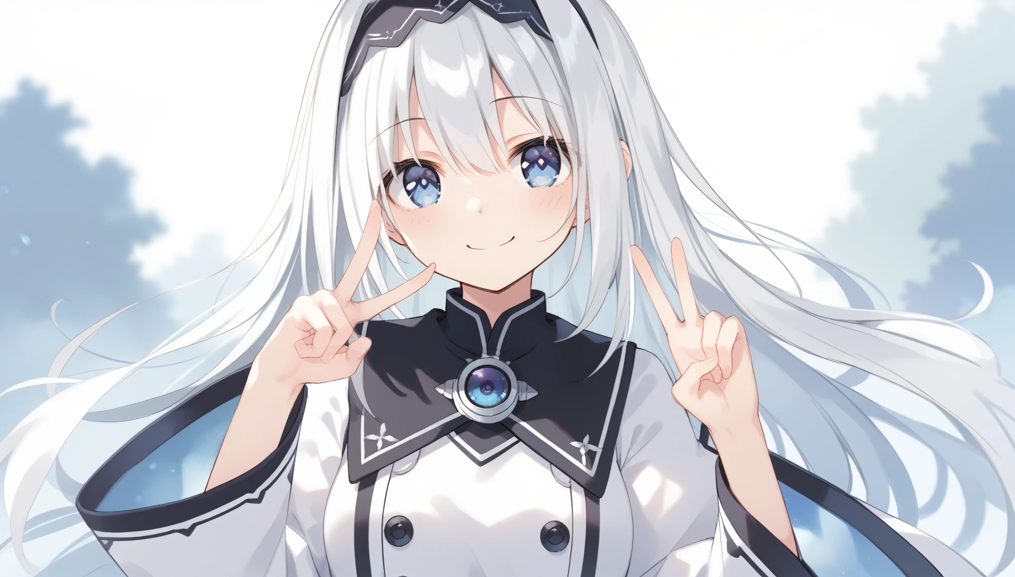 score_9, score_8_up, score_7_up, arusu maria,1girl, solo, long hair, blue eyes, white hair,hair between eyes,white dress,white thighhighs, long sleeves, wide sleeves,black hairband,Face, close-up, upper body, peace pose, smiling, sit, rised hand, night background, camera man Point of View,