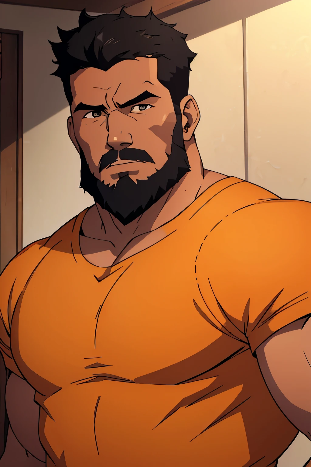 Masterpiece, Best Quality, Ultra Detailed, 1man, mature male, muscular, hunk, bara, jock, beef, dad, black skin, black, taned skin, latino, 36 years old, black hair, beard, stubble, stubble beard, big beard, overcut hair, looking at the viewer, serious expression, orange shirt, half body shot