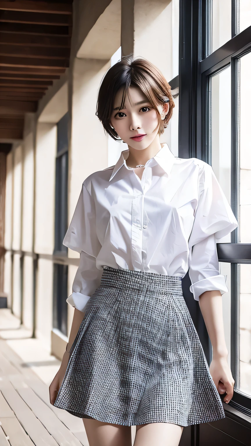 uniform, White blouse, Red and black checkered skirt, short hair