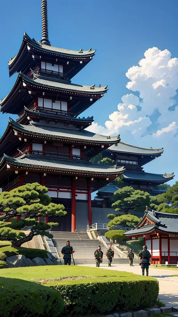 Set in the Japanese Warring States Period,Japanese generals fighting each other in front of famous Japanese buildings。