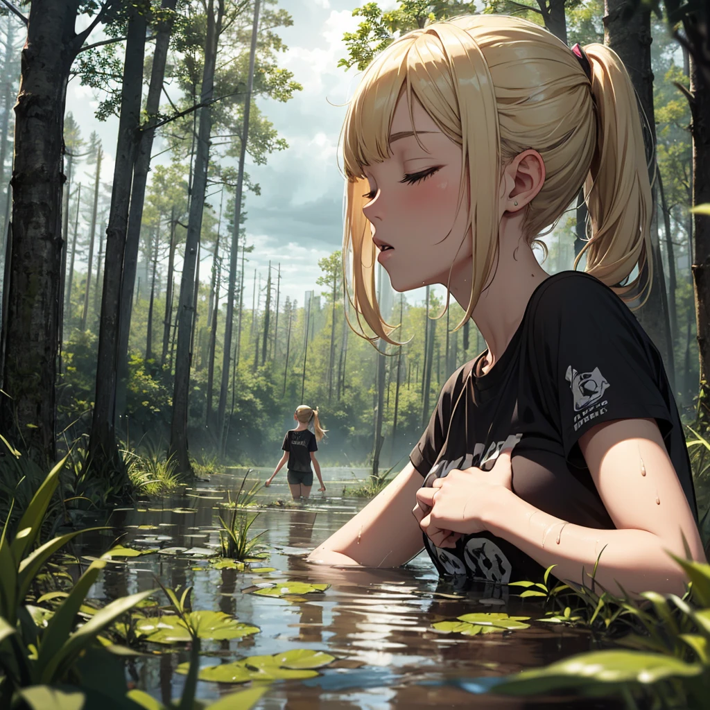 Solo, 1girl, drowned in mud, bog, grass, trees, muck, orgasm, looking up, eyes closed, mouth open, stormy weather, Solo, From Side, blonde hair in ponytail, wearing t-shirt,