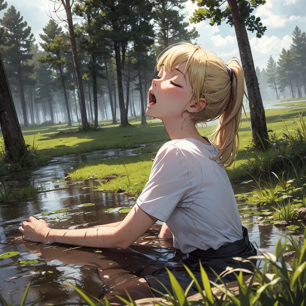 Solo, 1girl, drowned in mud, bog, grass, trees, muck, orgasm, looking up, eyes closed, mouth open, stormy weather, Solo, From Side, blonde hair in ponytail, wearing t-shirt,