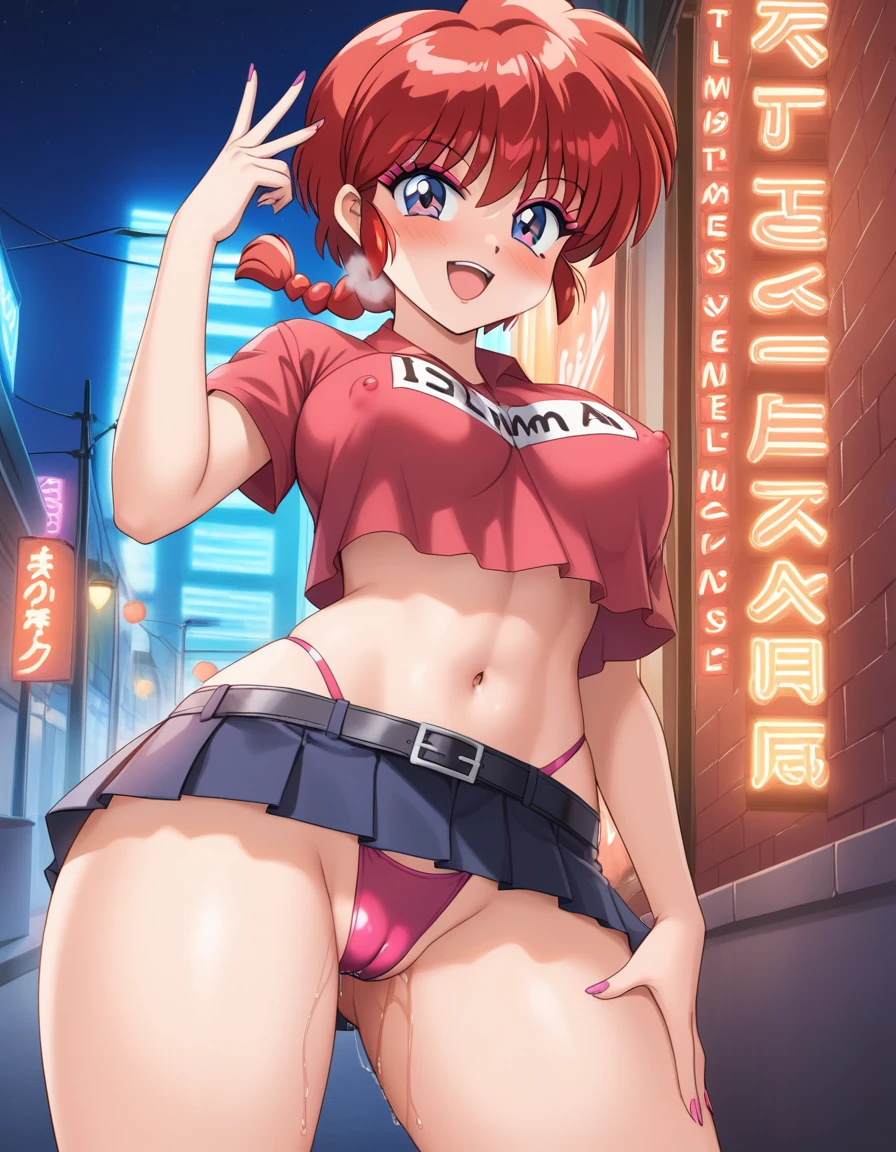 1girl, background, (ranma-chan), blush, red hair, medium breasts, tomboy, one short pigtail, nighttime, hot breath, open mouth, dimmed lighting, standing, city, big ass, wide hips, toned body, wearing slutty prostitute outfit, micro skirt, midriff, prostitute, purple eyeshadow, (detailed fingers), thong peek, tight pink latex top, no bra, 5 fingers, red light, neon light billboards, red-light district, nipple bulge in shirt, pussy juice, (artist: conder), (cameltoe), close to viewer, girl looking up at viewer, grinning, (girl inviting viewer to fuck her), view form above,