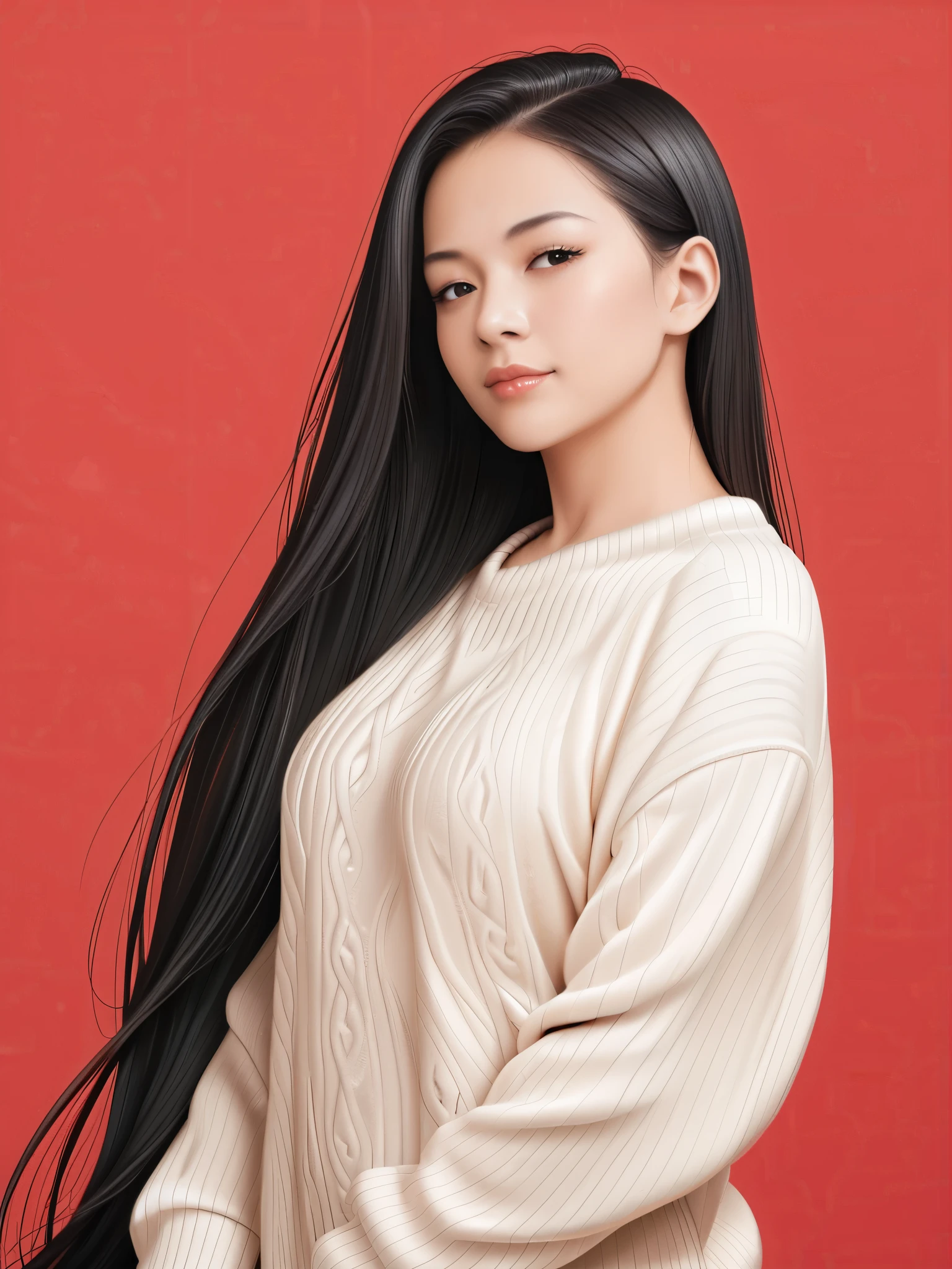 ,score_9,score_8_superior,score_7_superior, 20-year-old, 8k, High resolution, beautiful girl, Black Hair, Very long hair, Straight hair, Mouth closed,
One girl, Detailed face, Beautiful woman face, sweater, Red background, View your viewers,