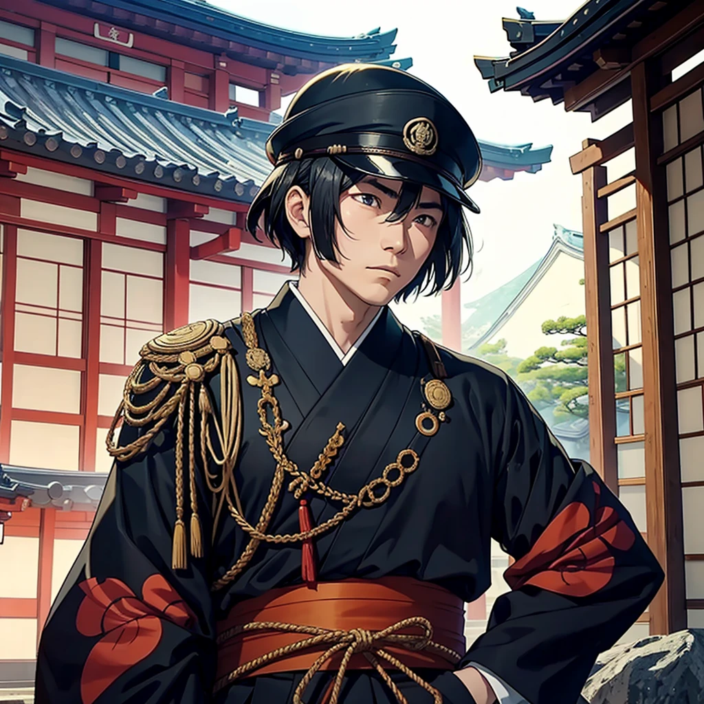 Set in the Japanese Warring States Period,Japanese generals fighting each other in front of famous Japanese buildings。
