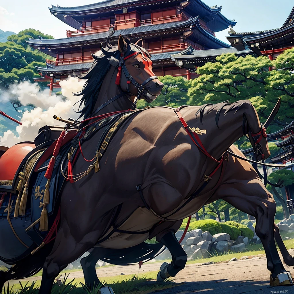 Set in the Japanese Warring States Period,Japanese generals fighting each other in front of famous Japanese buildings。