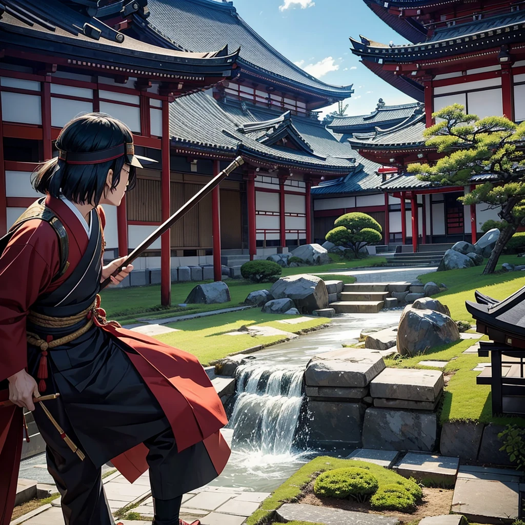Set in the Japanese Warring States Period,Japanese generals fighting each other in front of famous Japanese buildings。