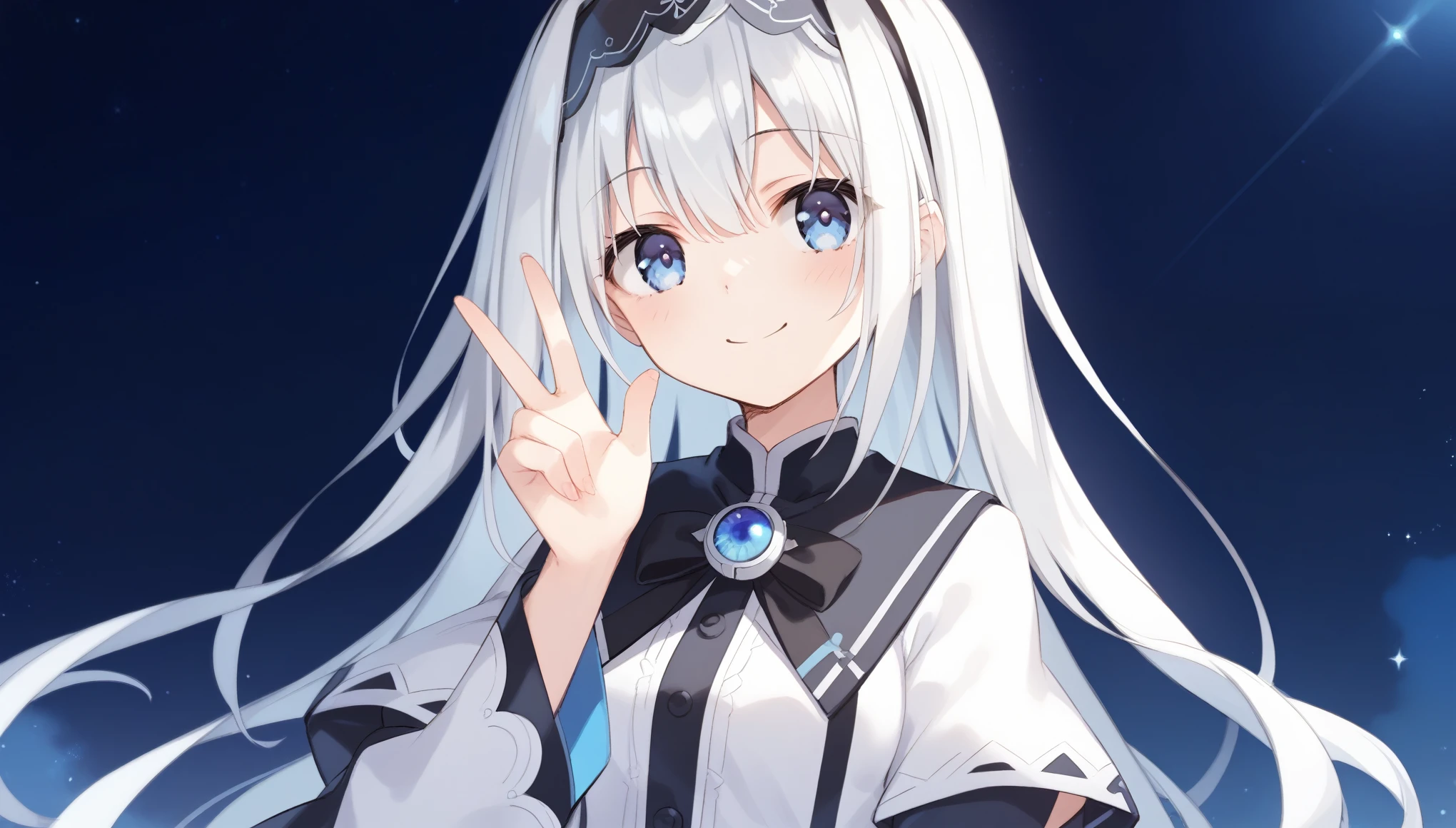 score_9, score_8_up, score_7_up, arusu maria,1girl, solo, long hair, blue eyes, white hair,hair between eyes,white dress,white thighhighs, long sleeves, wide sleeves,black hairband,Face, close-up, upper body, peace pose, smiling, sit, rised hand, night background, camera man Point of View,