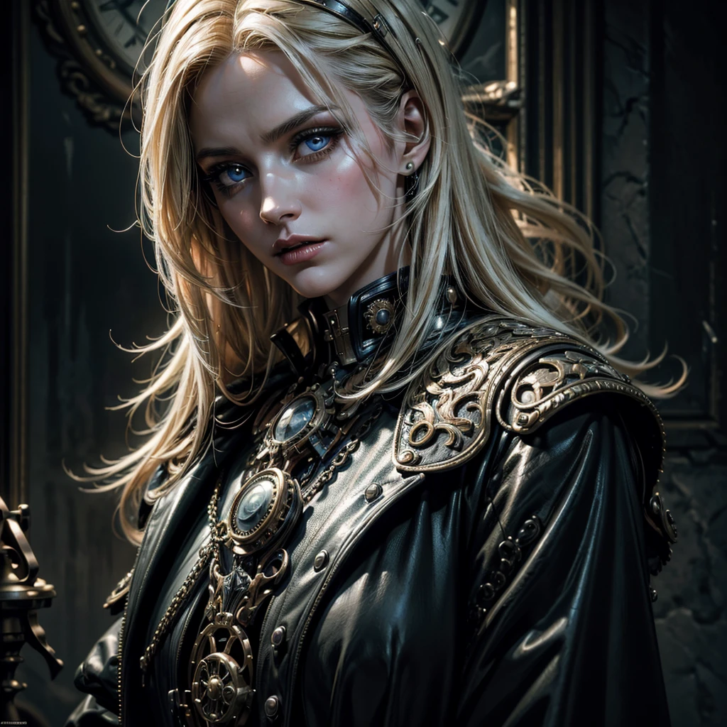 a sexy blonde vampire woman in a steampunk military uniform, beautiful detailed eyes,beautiful detailed lips,extremely detailed eyes and face,longeyelashes, worried expression, exploring a sinister and mysterious place, intricate details, victorian era, dark and moody atmosphere, dramatic lighting, high contrast, muted color palette, cinematic composition, volumetric fog, atmospheric haze, (best quality,4k,8k,highres,masterpiece:1.2),ultra-detailed,(realistic,photorealistic,photo-realistic:1.37)
