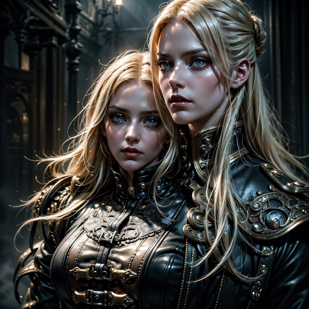 a sexy blonde vampire woman in a steampunk military uniform, beautiful detailed eyes,beautiful detailed lips,extremely detailed eyes and face,longeyelashes, worried expression, exploring a sinister and mysterious place, intricate details, victorian era, dark and moody atmosphere, dramatic lighting, high contrast, muted color palette, cinematic composition, volumetric fog, atmospheric haze, (best quality,4k,8k,highres,masterpiece:1.2),ultra-detailed,(realistic,photorealistic,photo-realistic:1.37)