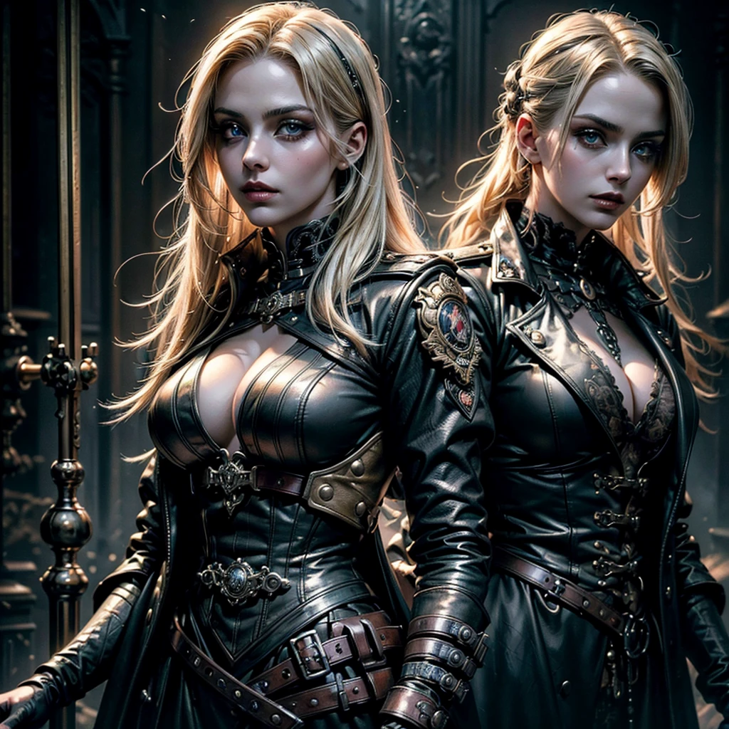 a sexy blonde vampire woman in a steampunk military uniform, beautiful detailed eyes,beautiful detailed lips,extremely detailed eyes and face,longeyelashes, worried expression, exploring a sinister and mysterious place, intricate details, victorian era, dark and moody atmosphere, dramatic lighting, high contrast, muted color palette, cinematic composition, volumetric fog, atmospheric haze, (best quality,4k,8k,highres,masterpiece:1.2),ultra-detailed,(realistic,photorealistic,photo-realistic:1.37)