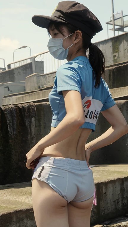 Japan is in a state of anarchy and law and order is in disarray,A female student is working hard outdoors in the midst of a blazing fire,Clothing of female students(The number on his race number is 102.,Light blue gym uniform and racing bloomers,hat,mask)、Wearing a jacket over gym clothes,Slim body shape,The buttocks are large,He has a tired face