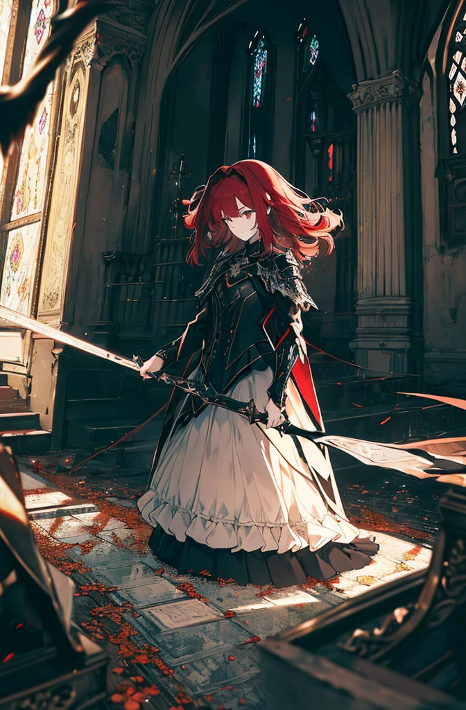 extremelydetailedwallpaper, Ultra-detailed details, detailed shadow, very precise detail, Extremely detailed 8k wallpaper, very fine 8KCG wallpapers,An old abandoned church.  Her black dress was torn and stained in some places. red hair was long and fluffy. Light enters through cracked stained glass windows.((black knight costume)),