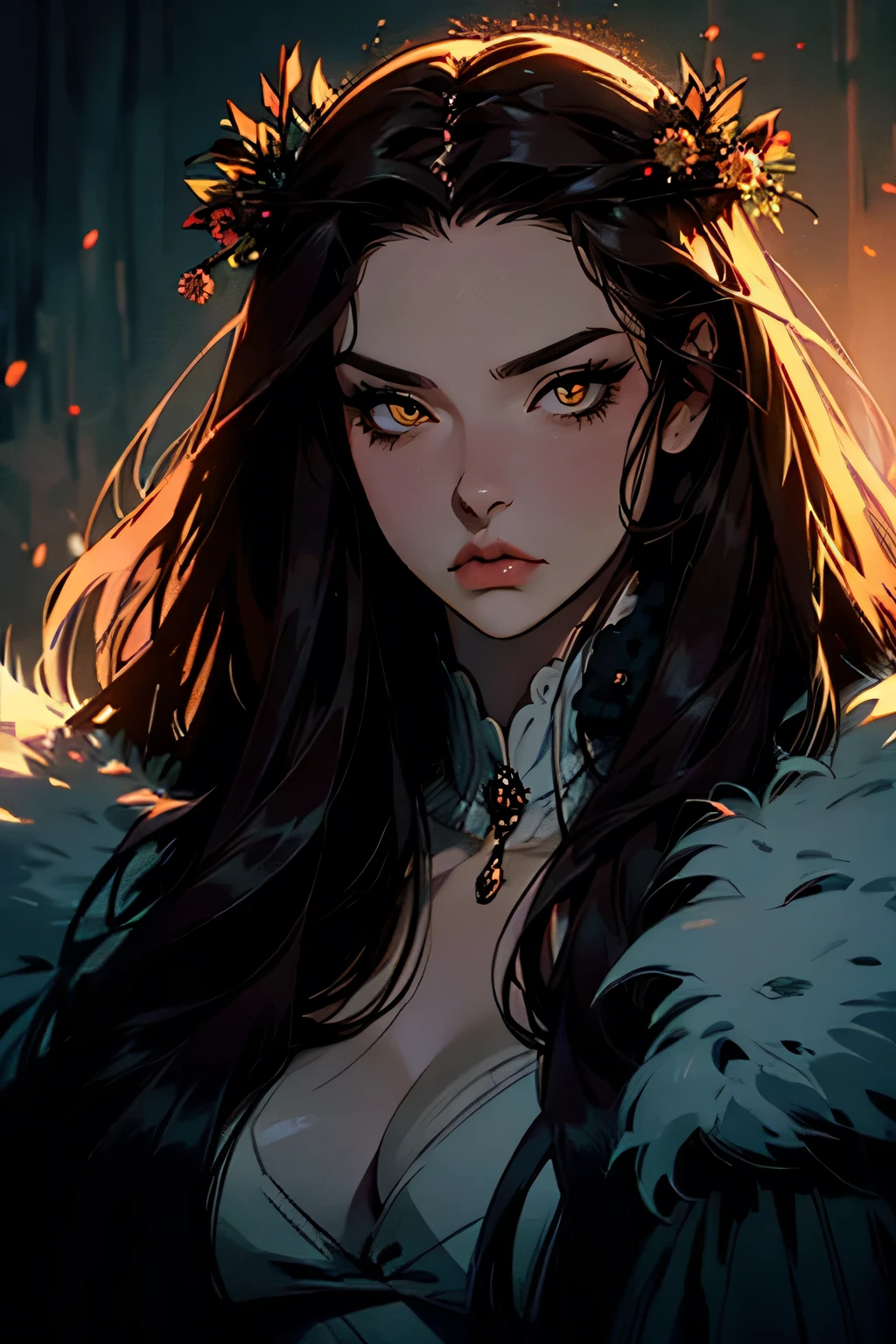 hyper-realistic of a mysterious woman with flowing dark hair, piercing yellow eyes, and a delicate floral crown, upper body, snown background, fur coat