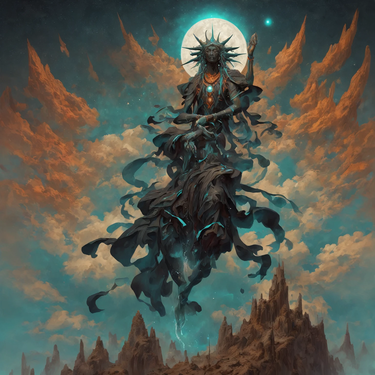 highly detailed, 8k, masterpiece, clouds, night sky, abstract, spikes, the dreamer god of the void, male, black mountains, dust, ruins in the moon, falling sand, waterfalls, night, abstract, alchemic symbols, occult, black background, turquoise and orange accents, painting by peter mohrbacher, Alphonse Mucha