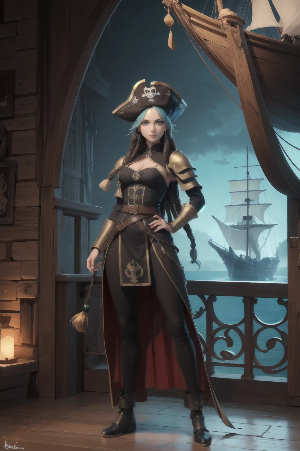 ((Full body photo, standing, feet on the floor)) (Masterpiece, best quality:1.2),1 woman,fearless and courageous expression,mature,skinny shoulders,very skinny body,long dreads,black captitain dark pirate hat,dreads,vibrant green eyes,(detailed eyes and detailed face),outside of a ship,external ship background,detailed face,(medieval fantasy theme:1.1),light blue pirate-themed armor,neon-lights,