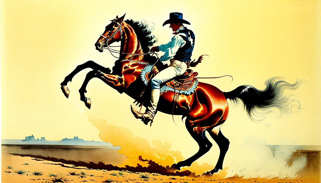 (best quality, Masterpiece:1,1), ((illustration by Louis Icart)),Western Cowboy, improvisation, Detailed illustration, grotesque,
 Intricate details, tempering, (aesthetics), excitement, hyperrealistic, insanely detailed, ((Louis Icarth style)