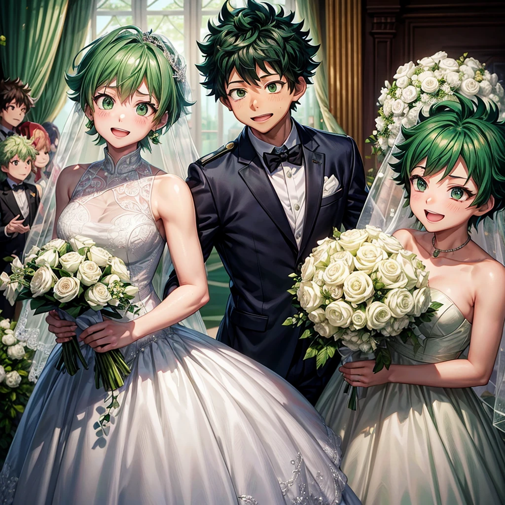 Izuku midoriya from boku no hero academia with wedding dress green hair green eyes short hair
