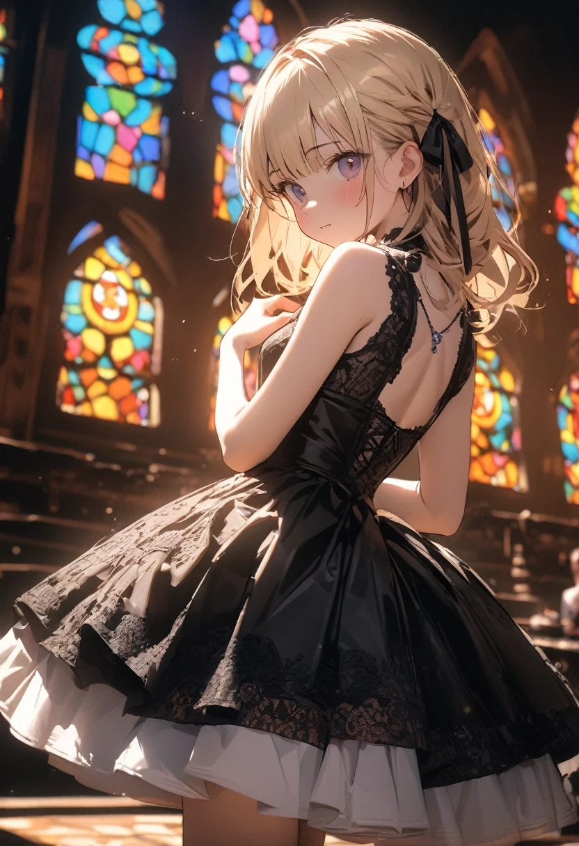 ((Masterpiece)), ((best quality)), ((kawaii)), ((extremely detailed)), (sketch:0.3), (RAW photo:1.2), (8K), (High Definition:1.3), (Professional Photography:1.2), cinematic lighting, (very aesthetic:1.2), (absurdres:1.2), (sharp focus), (perfect light), from behind, ((12 years old)), cute teenage girl, (hoop dress), (lace), Super intricate lace pattern, colorful lace pattern, (stained glass background), kaleidoscope, light-up, bustier, open back, sexy posing, (pale blonde hair),