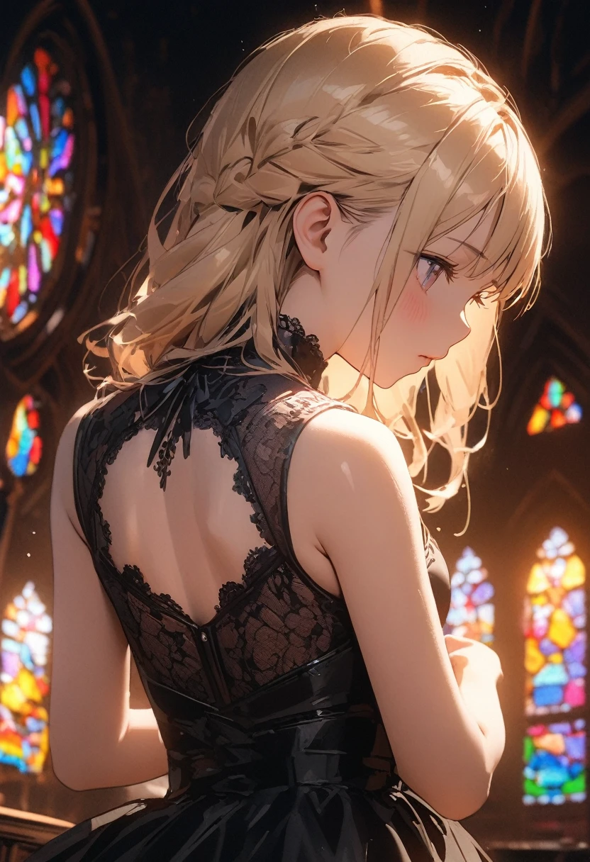 (Masterpiece, Best Quality), 8k,(((highly detailed))), lace:1.8,Super intricate lace pattern,colorful lace pattern,stained glass background, kaleidoscope,light-up,bustier, 1 woman,open back,posing,(blonde hair),