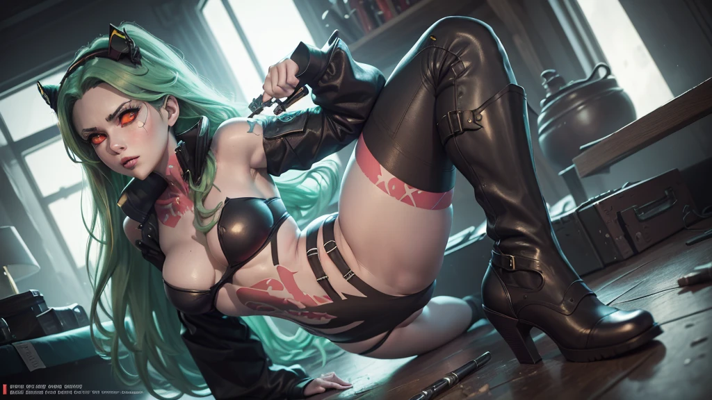 A striking image of a young very busty Rebecca, firm round ass, smooth hips, sexy long legs, great complexion, beautiful face, detailed eyes, the iconic anime character. She has long, green hair styled in loose waves and is wearing a revealing red very small string bikini and a bat symbol on the front. Her outfit includes thigh-high black boots. The lighting is bright and natural, highlighting the bold colors and details of her costume, as well as her confident and alluring expression. Art Styles: Cosplay Photography Realism Artists Referenced: Revy black lagoon Categories: Cosplay anime characters Elegant detailed luxury, neon lights, The artwork is rendered in an edgy and realistic style, with high attention to detail and sharp focus. The colors are vivid and contrasted, with a slight desaturation to create a moody atmosphere. shadowy highlights enhancing the overall composition. The medium used is a digital illustration, with a touch of photo-realistic elements to add depth and texture to the image. The final result is a masterpiece in ultra-high resolution,