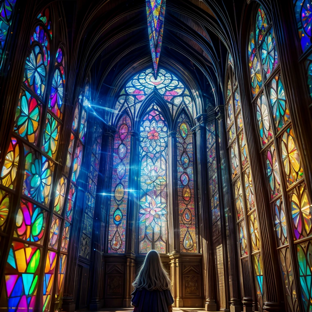(Cathedral from below:1.28) (ZoomLayer) TopQuality 8K masterpiece of ((Professional photo)), (((Clarisse de Cagliostro))) (Detailed White WeddingDresses), Chain, (((Extremely detailed KAWAII face))) {((VeiledFace))|BlondeHair|(Elaborate BuleEyes)with(SparklingHighlights:1.28)}, The background is distant (((Elaborate stained glass))) Rainbow Glass, {(MysticSight)|EnchantingAtmosphere|Haze|(GodRays)|TyndallEffect}, Radiant PearlSkin with Transparency, (Exposed:0.39)