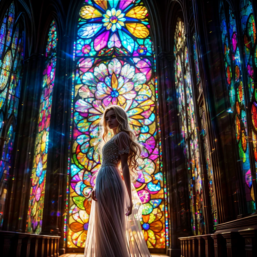 (Cathedral from below:1.28) (ZoomLayer) TopQuality 8K masterpiece of ((Professional photo)), (((Clarisse de Cagliostro))) (Detailed White WeddingDresses), Chain, (((Extremely detailed KAWAII face))) {((VeiledFace))|BlondeHair|(Elaborate BuleEyes)with(SparklingHighlights:1.28)}, The background is distant (((Elaborate stained glass))) Rainbow Glass, {(MysticSight)|EnchantingAtmosphere|Haze|(GodRays)|TyndallEffect}, Radiant PearlSkin with Transparency, (Exposed:0.39)