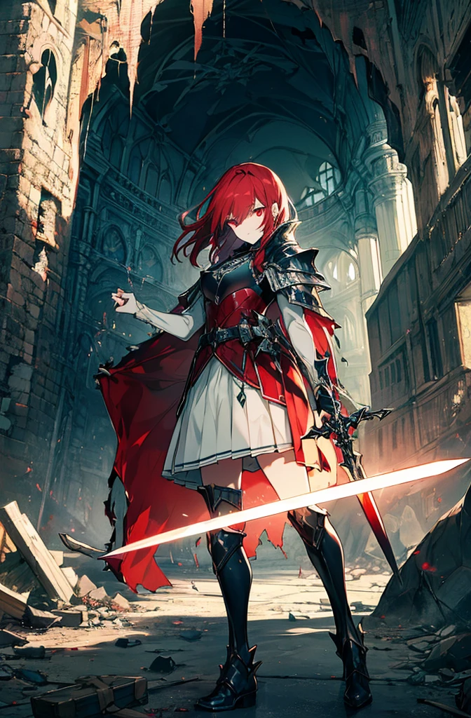 4k,hight resolution,One Woman,Bright red hair,Longhaire,red eyes,knights,white sacred armor,jewel decorations,Big sword,medieval town,furious,((dark cave,ruin place)),