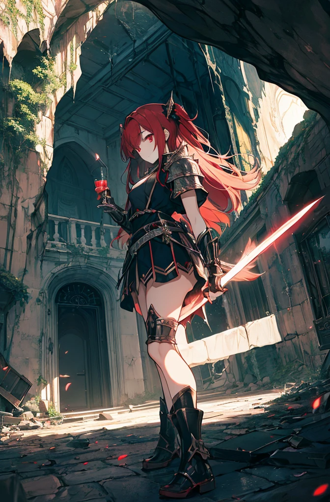 4k,hight resolution,One Woman,Bright red hair,Longhaire,red eyes,knights,white sacred armor,jewel decorations,Big sword,medieval town,furious,((dark cave,ruin place)),