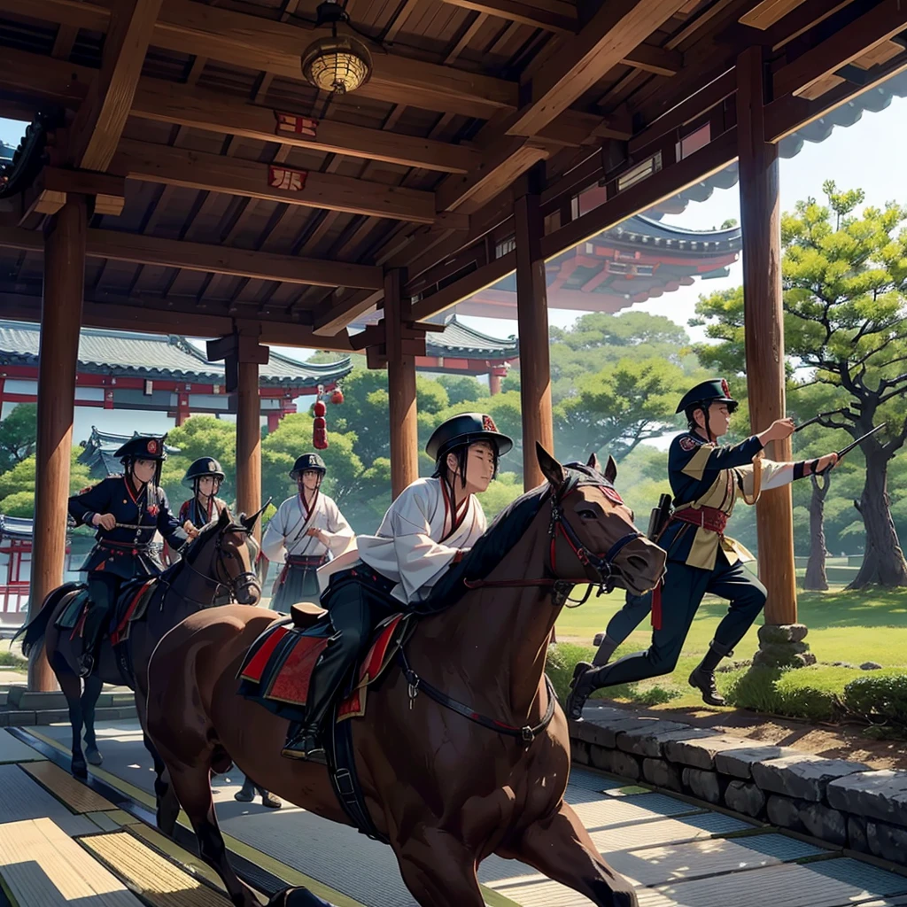 Set in the Japanese Warring States Period，Japanese generals train each other in front of the famous Japanese building。
