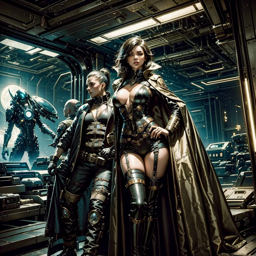 a sexy woman in a futuristic steampunk uniform in a planetary colony together with some aliens