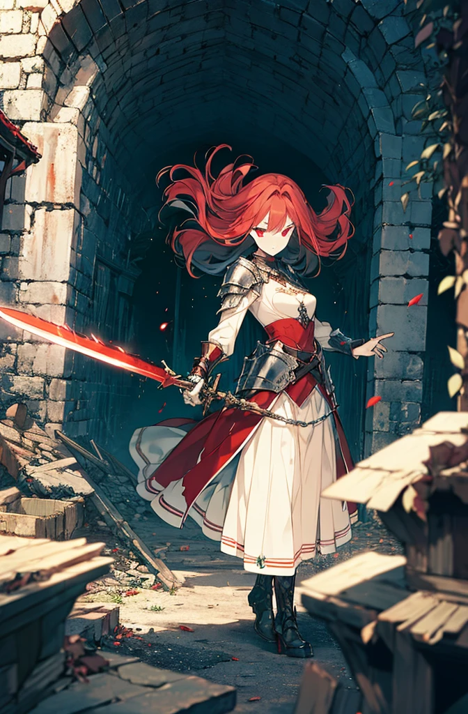 4k,hight resolution,One Woman,Bright red hair,Longhaire,red eyes,knights,white sacred armor,jewel decorations,Big sword,medieval town,furious,((dark cave,ruin place)),