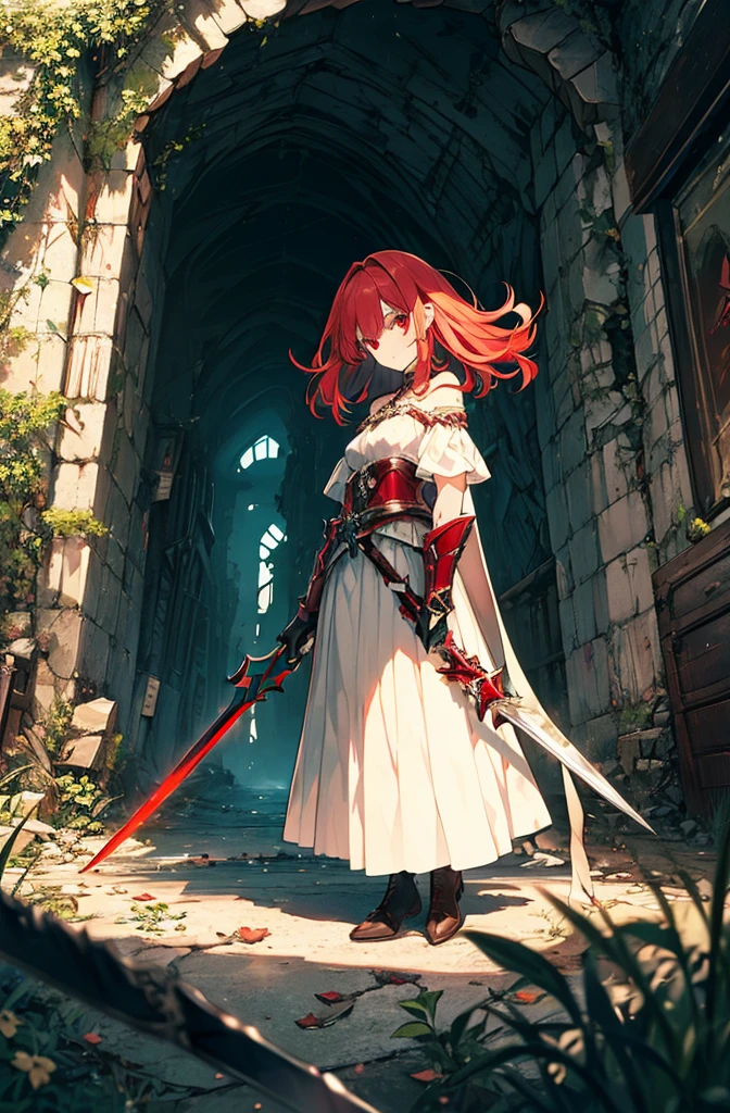 4k,hight resolution,One Woman,Bright red hair,Longhaire,red eyes,knights,white sacred armor,jewel decorations,Big sword,medieval town,furious,((dark cave,ruin place)),