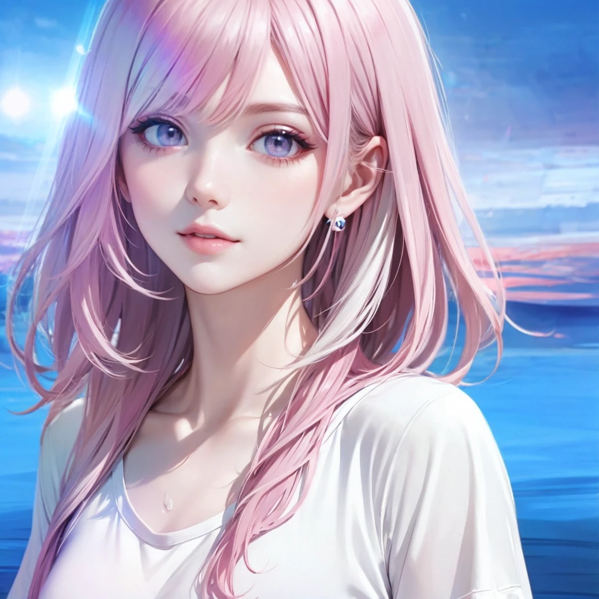 Beauty, High nose, Long eyelashes,Pink Lips, Closed Mouth, pastel colour, purple, Dull pink, Dull Blue, Light, Fluttering Hair,Big eyes, Inner color hair, turn around, Get wet, short hair, cute, 30 years old, glossy, charm, Real,null, smile,Wolf Hair, Big white t-shirt, Gray Hair,