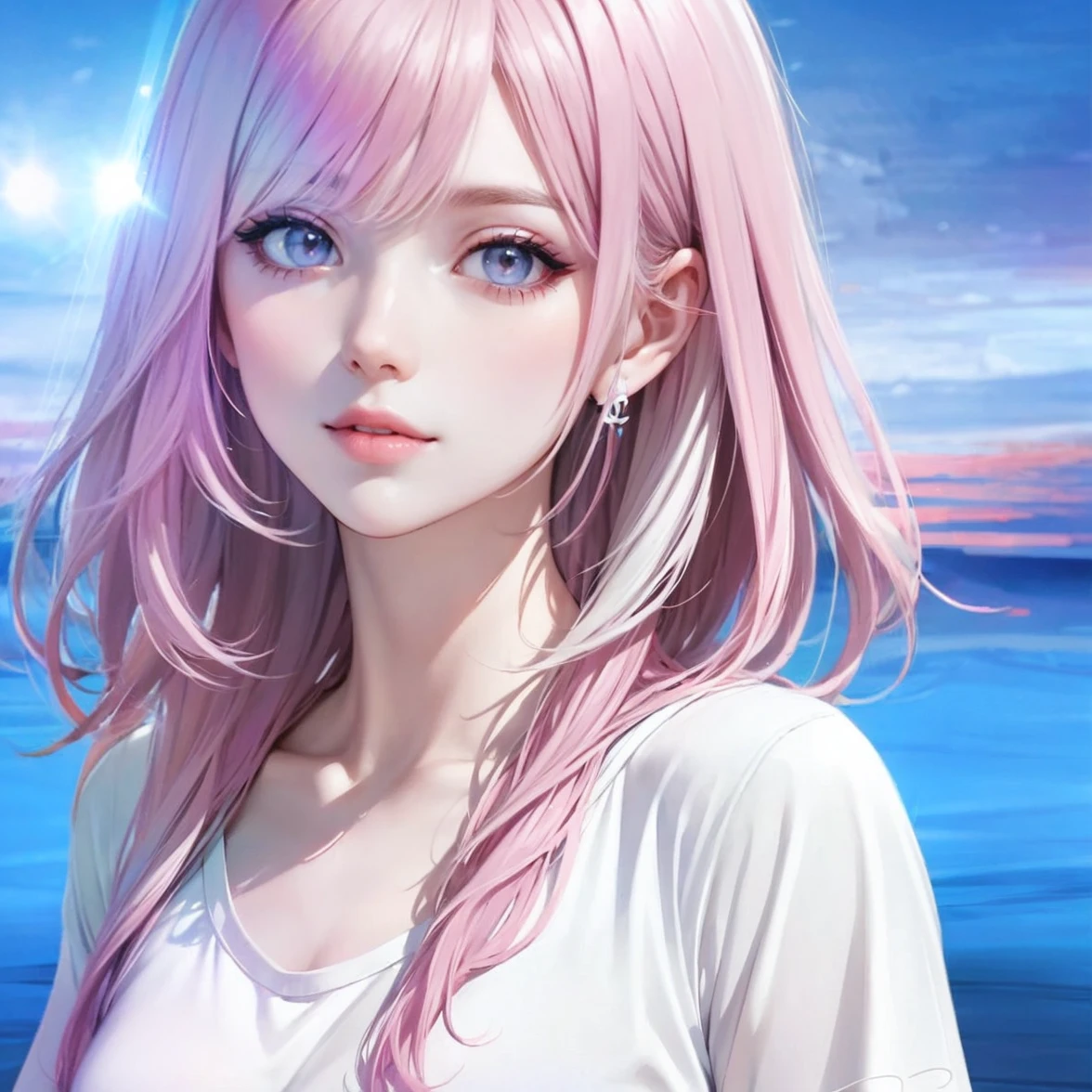 Beauty, High nose, Long eyelashes,Pink Lips, Closed Mouth, pastel colour, purple, Dull pink, Dull Blue, Light, Fluttering Hair,Big eyes, Inner color hair, turn around, Get wet, short hair, cute, 30 years old, glossy, charm, Real,null, smile,Wolf Hair, Big white t-shirt, Gray Hair,