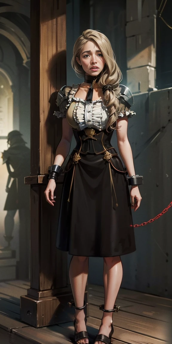 (​masterpiece, best quality), Intricate detailing, 1 girl, Mercedes von Martritz from Fire Emblem (Full body standing posture from toes to head on a wooden pole:1.2) iron collar, Arms behind the back, Iron cuffs, fetters, tied, Bondage-Outfit, Dishes, O-Ring, Bondage-Outfit blindfolded cover eyes, happy red cheeks, chain leash collar choker neck bell fetters wristbands bracers bracelets, split gag, Sad face, red cheeks, Crying tears, PAINFUL (She was sold and betrayed by her own family)