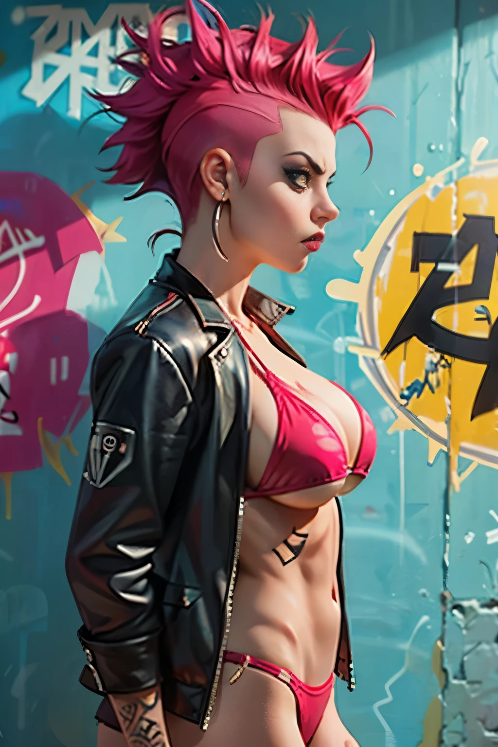 ( best quality), (best face details) beauty  mature woman with colorfull hair in short punk haircut,  wearing ony jeans and dusty jacket unbuttoned and wedge heels, smiling, naked brest, naked niples, jeans, high heels, full body view, standing, hands lifting over head, cyberpunk city on background, lots neons, night