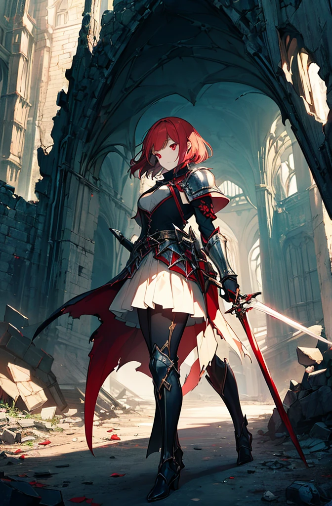 4k,hight resolution,One Woman,Bright red hair,Longhaire,red eyes,knights,white sacred armor,jewel decorations,Big sword,medieval town,furious,((dark cave,ruin place)),