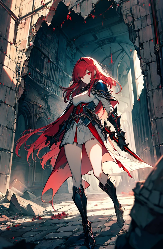 4k,hight resolution,One Woman,Bright red hair,Longhaire,red eyes,knights,white sacred armor,jewel decorations,Big sword,medieval town,furious,((dark cave,ruin place)),