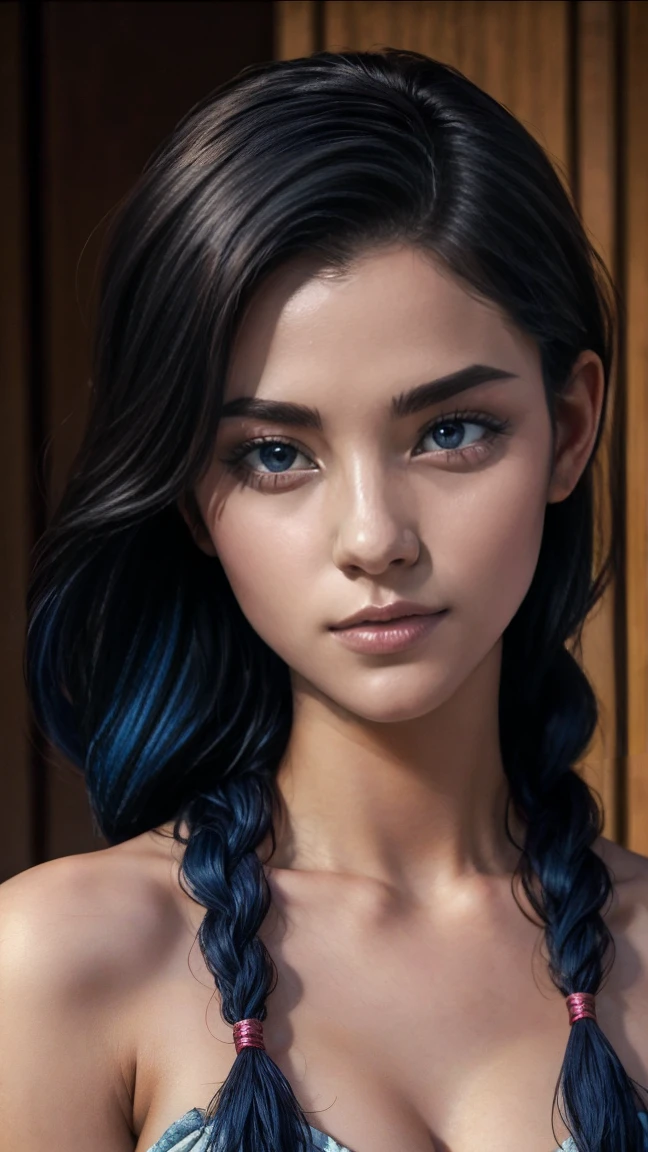 (8K, RAW photo, highest quality, masterpiece:1.2), (realistic, photo-realistic:1.37)、26 year old Japanese woman、hair is black、Eye color is indigo、long hair、I braid it lightly、Slender but well-proportioned muscular body、setting hair、I'm punching my chest、accessories on the ankle、smile、I'm wearing a hair band、Wearing a sheer tie-front shirt、My abs are cracked、I can see my bellybutton、Wear a navy blue low-rise micro mini pleated skirt、smile