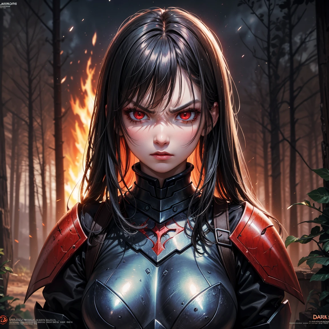 (High Detail:1.2) Anime Girl, (Best quality, Detailed), (dark and angry, gravelly:1.3, dark:1.2), 1boy, (solo), long hair, fire hair!!, ((red eyes)), fair skin, (black armor plate), sinister, intense look, forest, volcan, background dark, Volumetric light, hyper realistic, super detailed, Dynamic pose, (very sexy body, detailed face, detailed eyes, masterpiece, highly detailed, 8k, best quality, vibrant colors, digital art, concept art)