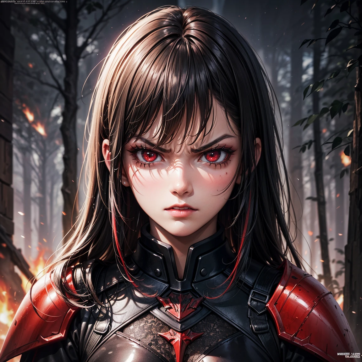 (High Detail:1.2) Anime Girl, (Best quality, Detailed), (dark and angry, gravelly:1.3, dark:1.2), 1boy, (solo), long hair, fire hair!!, ((red eyes)), fair skin, (black armor plate), sinister, intense look, forest, volcan, background dark, Volumetric light, hyper realistic, super detailed, Dynamic pose, (very sexy body, detailed face, detailed eyes, masterpiece, highly detailed, 8k, best quality, vibrant colors, digital art, concept art)