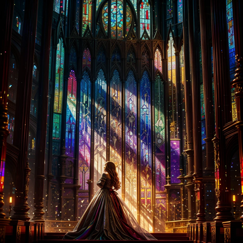 Red carpet (Cathedral from below:1.28) VolumetricLighting (FullBody ZoomedOut:1.28 Wide-shot) ZoomLayer (BokeH:1.32), TopQuality 8K masterpiece of ((Professional photo)), (((Clarisse de Cagliostro))) (Detailed Delicate White Dresses), Chain, Extremely detailed (KAWAII face) {(VeiledFace)|BlondeHair|(Spanking BuleEyes)}, The background is distant (((Elaborate stained glass))) Rainbow Glass, (MysticSight) {(GodRays)|Haze|TyndallEffect}, Radiant PearlSkin with Transparency, (Exposed:0.38)