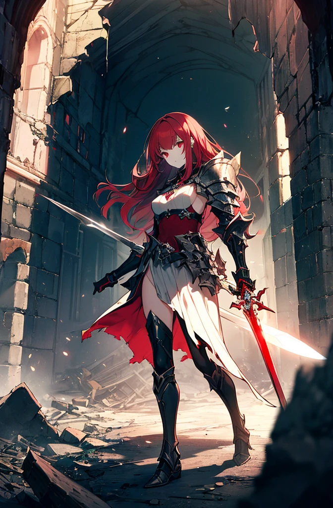 4k,hight resolution,One Woman,Bright red hair,Longhaire,red eyes,knights,white sacred armor,jewel decorations,Big sword in her hand,medieval town,furious,((dark cave,ruin place)),