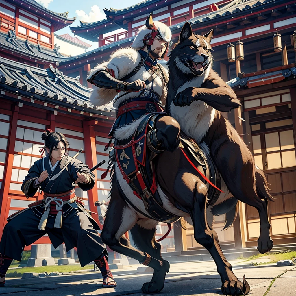 Set in the Japanese Warring States Period,Japanese daimyo fight in front of a Japanese wonder building,Draw their samurai equipment。