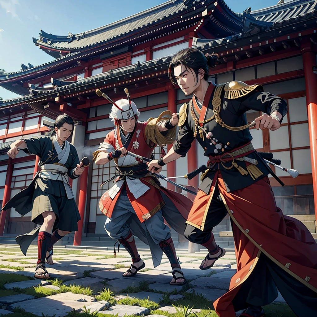 Set in the Japanese Warring States Period，Japanese daimyo fight in front of a Japanese wonder building，Draw their samurai equipment。
