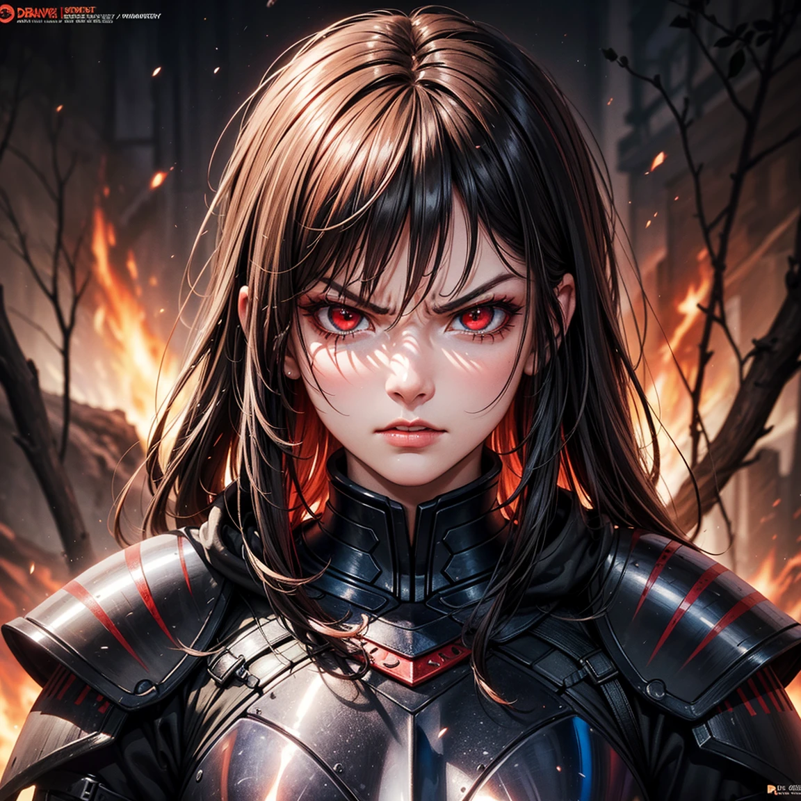 (High Detail:1.2) Anime Girl, (Best quality, Detailed), (dark and angry, gravelly:1.3, dark:1.2), 1boy, (solo), long hair, red hair!!, ((red eyes)), fair skin, (black armor plate), sinister, intense look, fire forest, lava, background dark, Volumetric light, hyper realistic, super detailed, Dynamic pose, (very sexy body, detailed face, detailed eyes, masterpiece, highly detailed, 8k, best quality, vibrant colors, digital art, concept art)