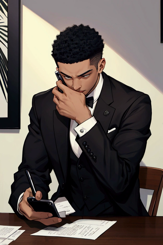 Light-skinned man in a black suit calmly watching his cell phone on the table playing a lot
